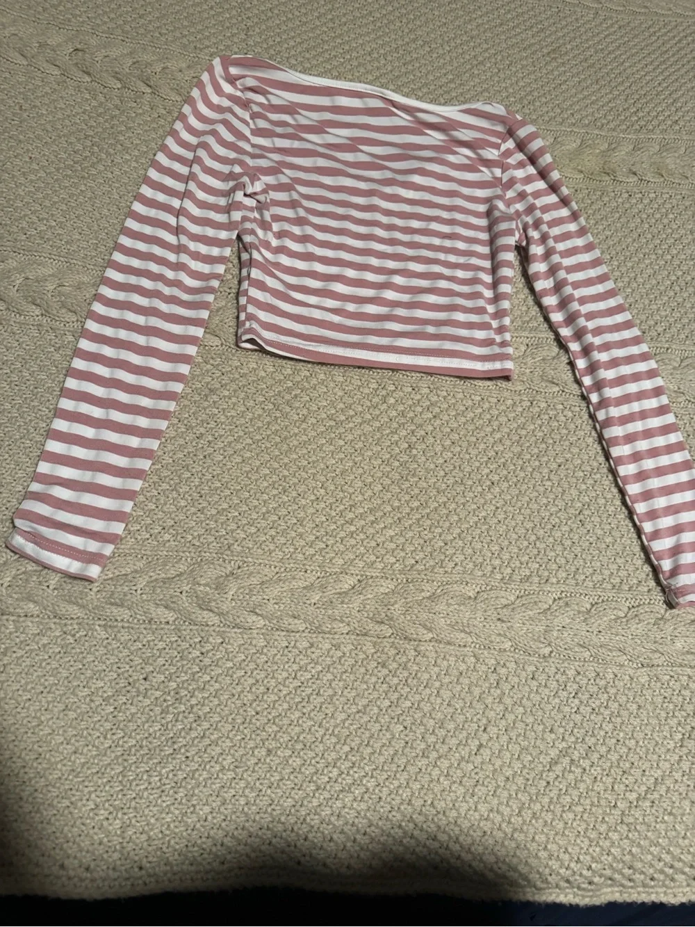 SHEIN Pink & White Striped V-Neck Long Sleeve Crop Top